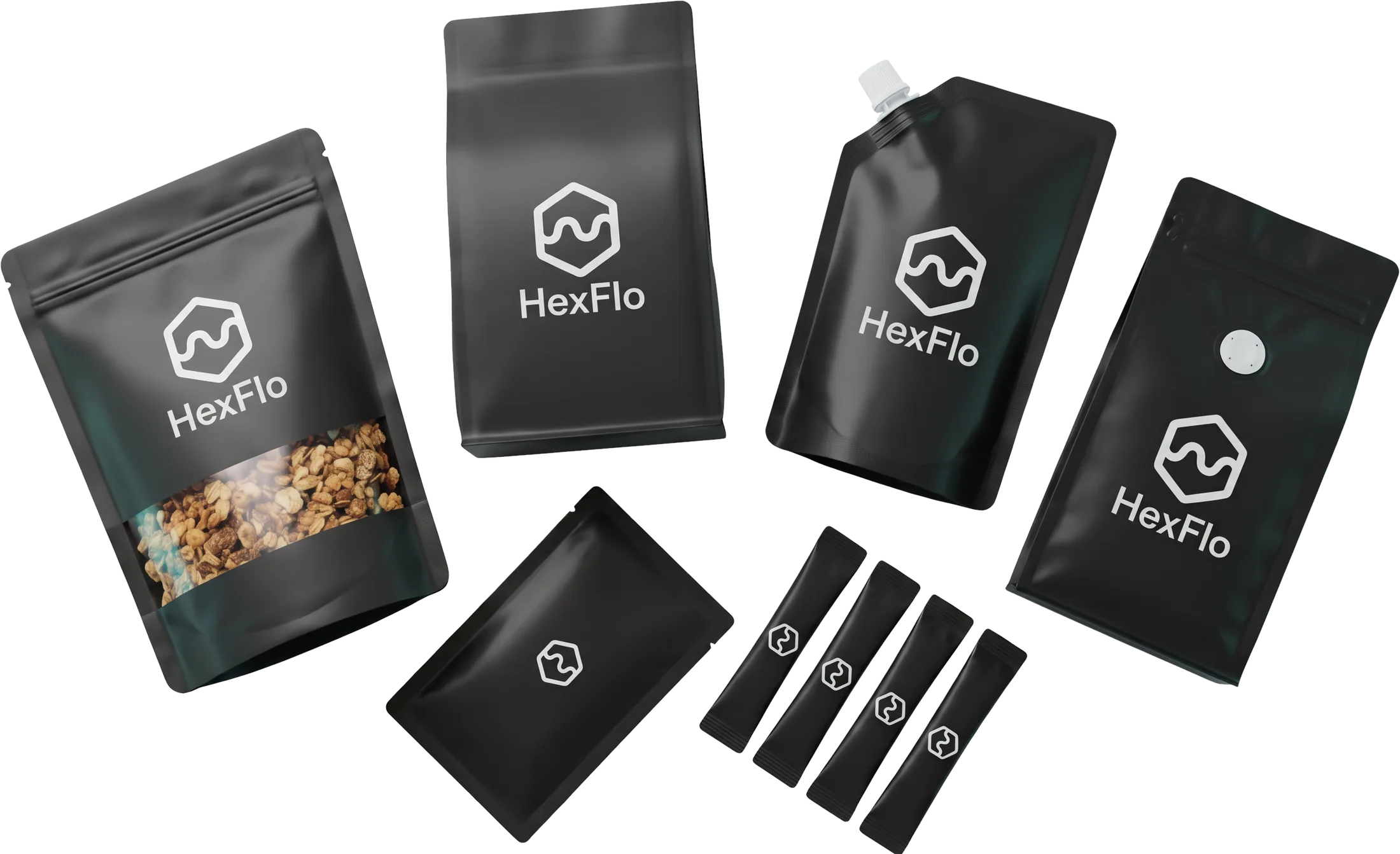 HexFlo stand-up pouch with window, flat bottom pouch, spout pouch, coffee pouch with valve, lay-flat sachet and stick packs